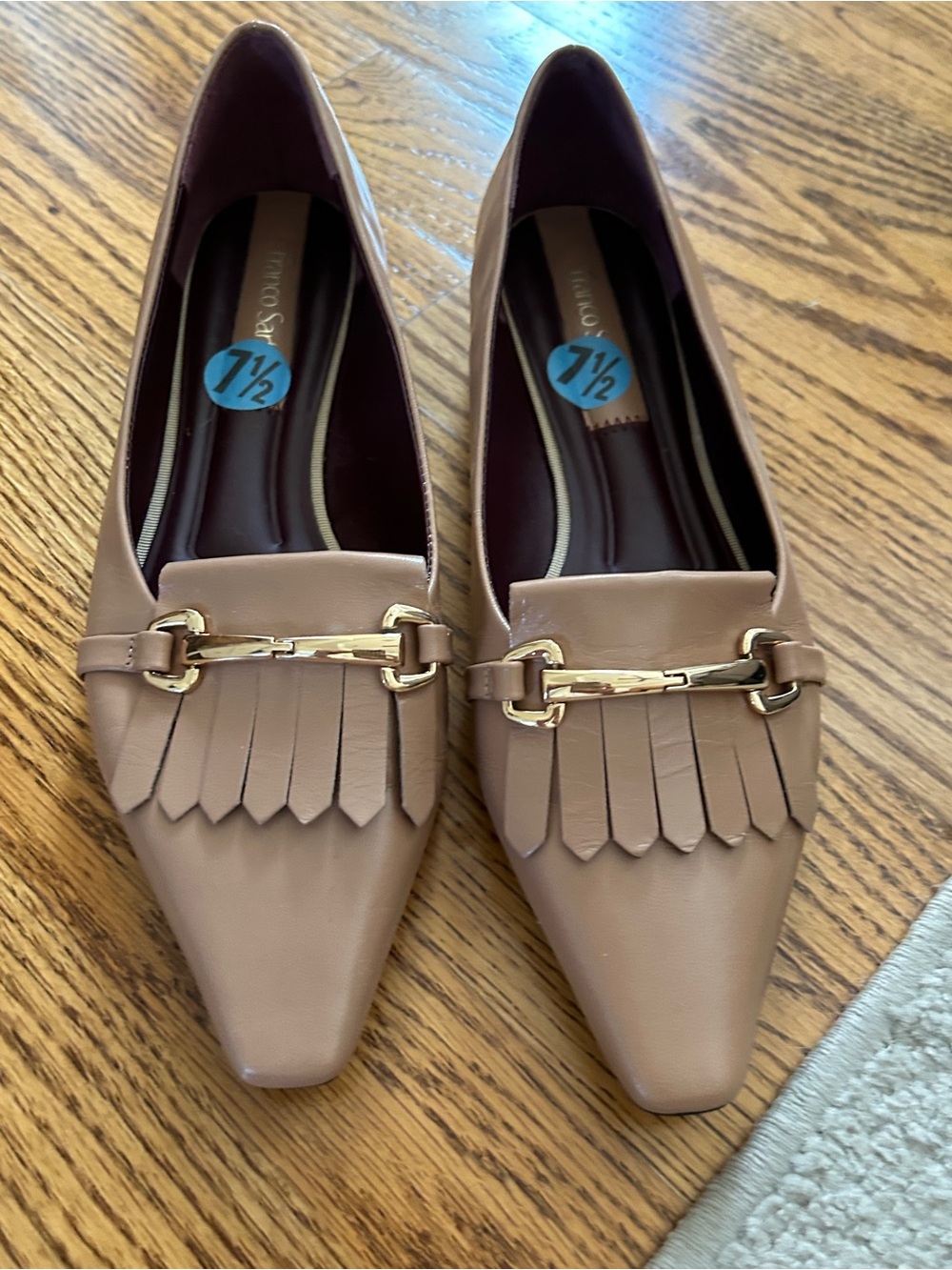 Franco Sarto Taupe Fringe Pointed-Toe Loafers with Gold Bit